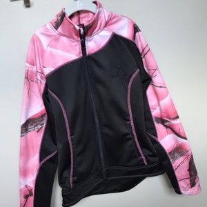 Pink camo and black fleece jacket. WORN ONCE